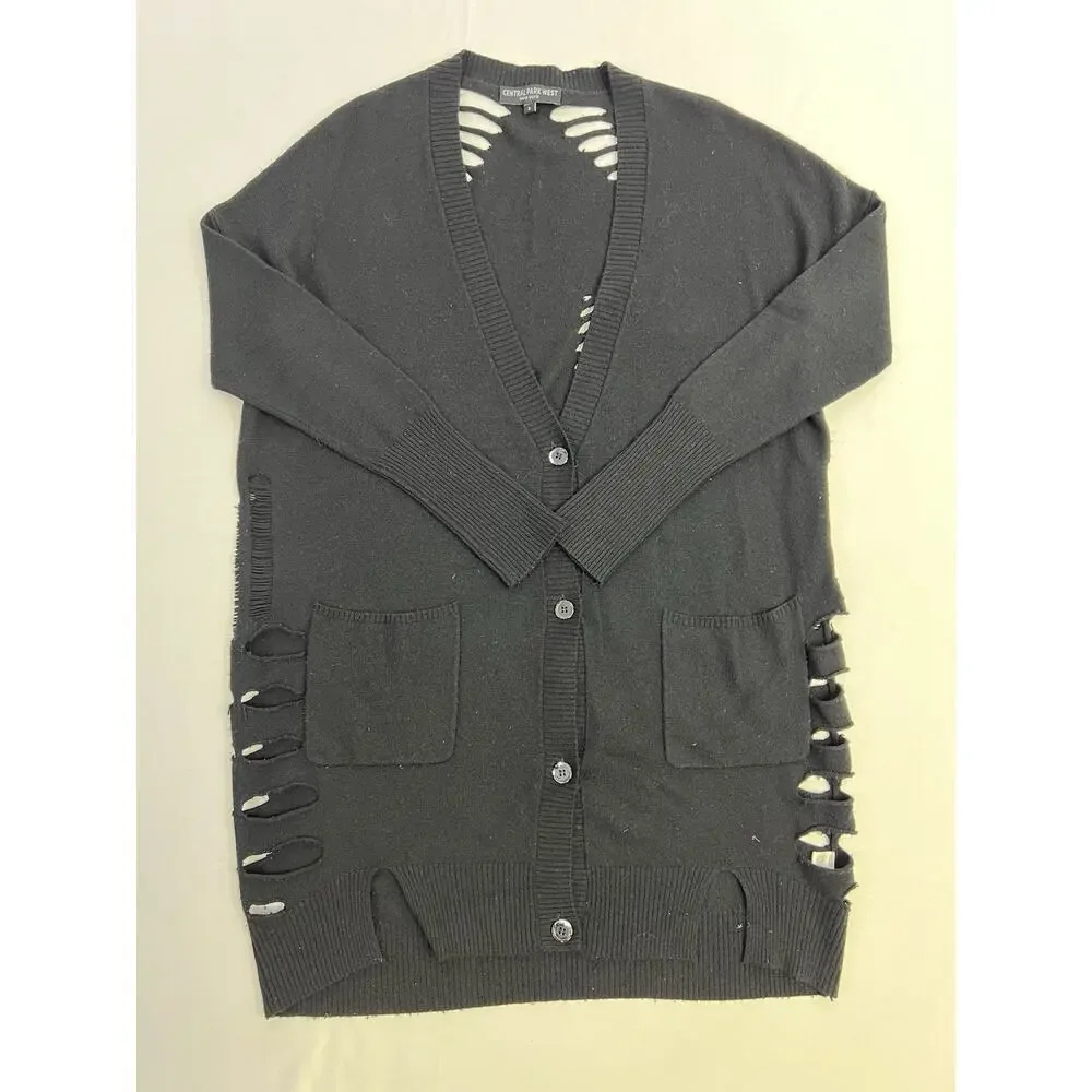Womens Distressed Knit Cardigan Sweater‎ Central Park NY Sz S Black Grunge Goth